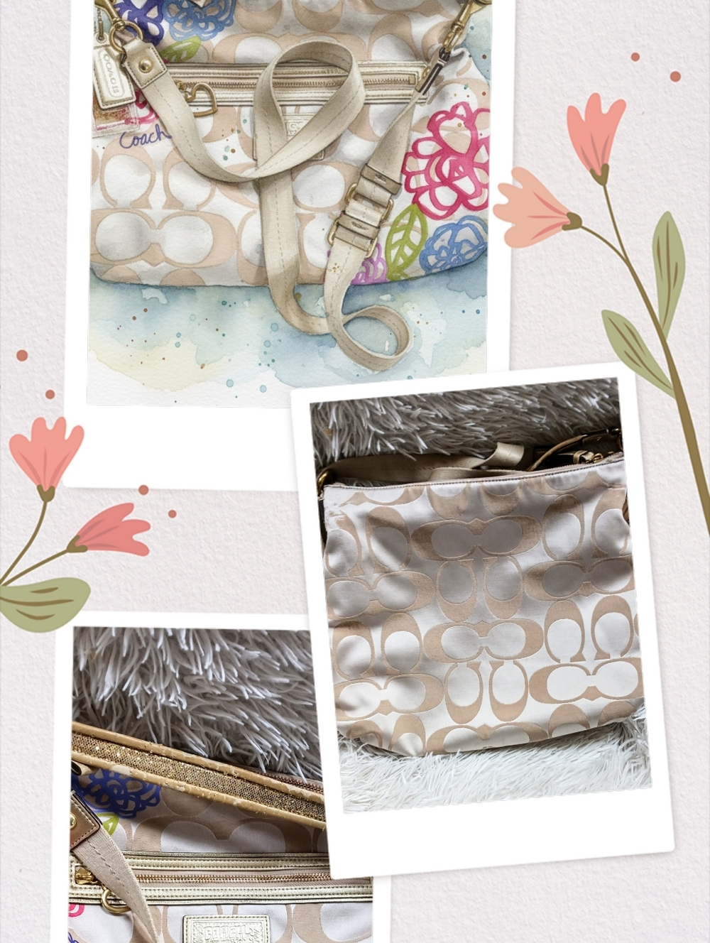 Coach Poppy Hobo Shoulder Crossbody Bag Cream Gold Multi-Color Flower Print